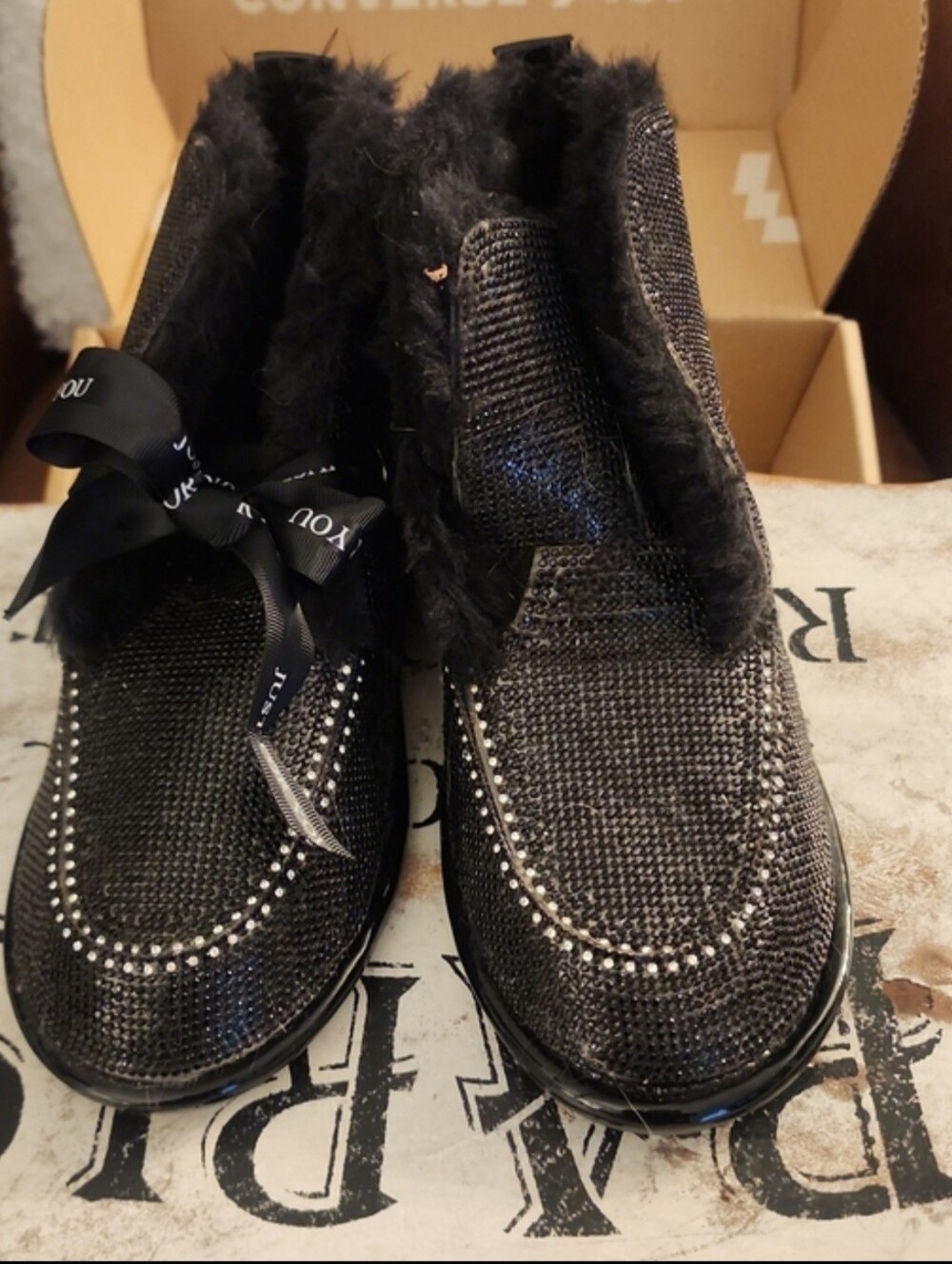 NWOT Black Sequin Faux-Fur High-Top Booties